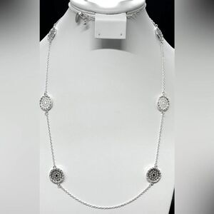 Chico’s Long Silver Tone Crystal Medallion Stations Statement Necklace NWOT 40IN